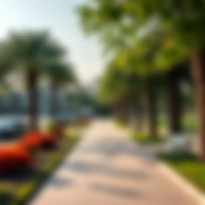 A serene park area in Al Quoz highlighting green spaces amidst urban development