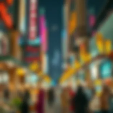 A vibrant night market scene reflecting the shopping culture in Dubai