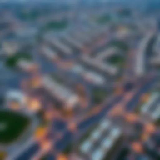 Aerial view of Villanova community showcasing its proximity to Dubai's major highways