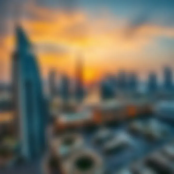 Dubai Skyline: A Majestic Evening View Panoramic view of a prestigious Dubai skyline at sunset