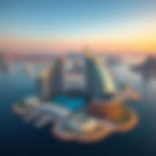 Innovative Water-Themed Architecture in Dubai A stunning aerial view of Dubai's skyline blended with innovative water-themed architecture
