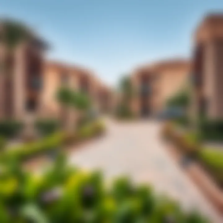 A modern residential neighborhood in Dubai with lush landscaping.