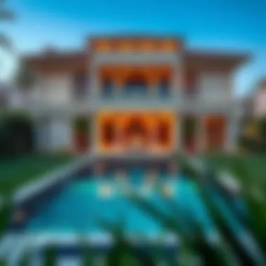 Elegant swimming pool area in a luxury villa surrounded by lush landscaping