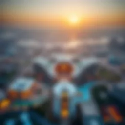 Aerial view of Falcon City showcasing its unique architectural design