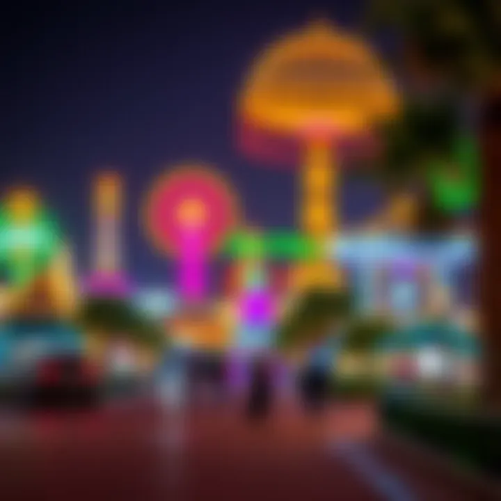 Night view of illuminated rides and attractions in Global Village