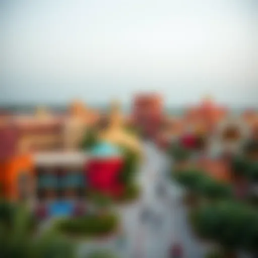 A panoramic view of Global Village showcasing vibrant international pavilions