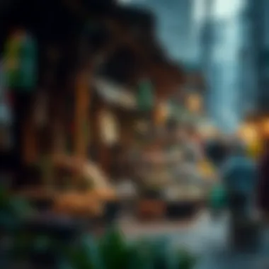 A bustling market scene illustrating economic activities in a global village
