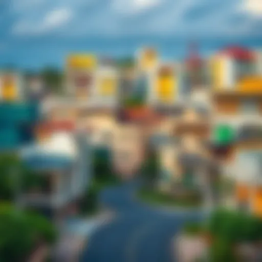 A vibrant urban landscape showcasing diverse architecture in a global village