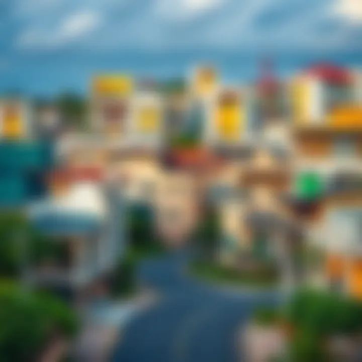 A vibrant urban landscape showcasing diverse architecture in a global village