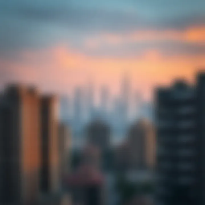 A skyline of Dubai with demolished buildings in the foreground