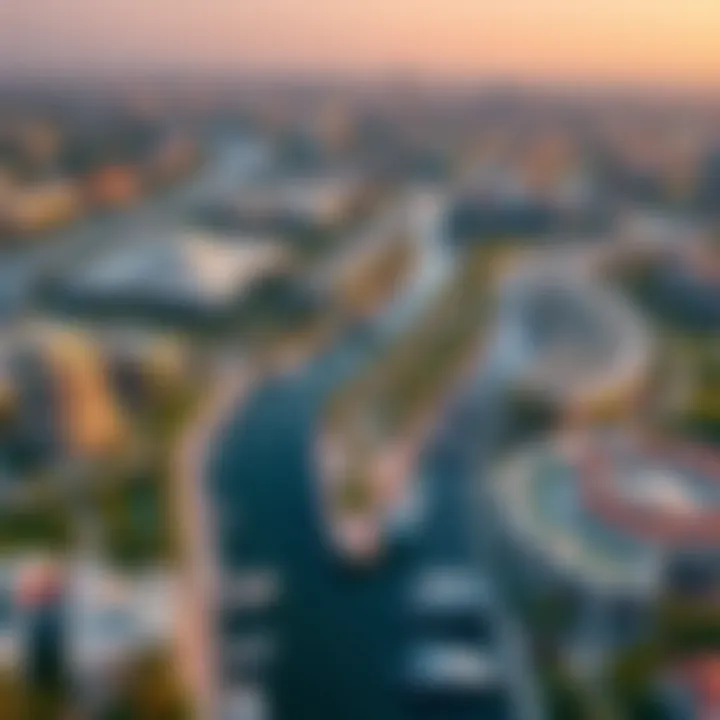 Aerial view of Dubai's canal developments illustrating urban planning and green spaces