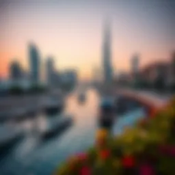 Stunning view of Dubai canals at sunset with skyscrapers in the background