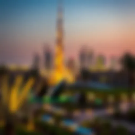 The Khalifa Complex at dusk with illuminated skyline