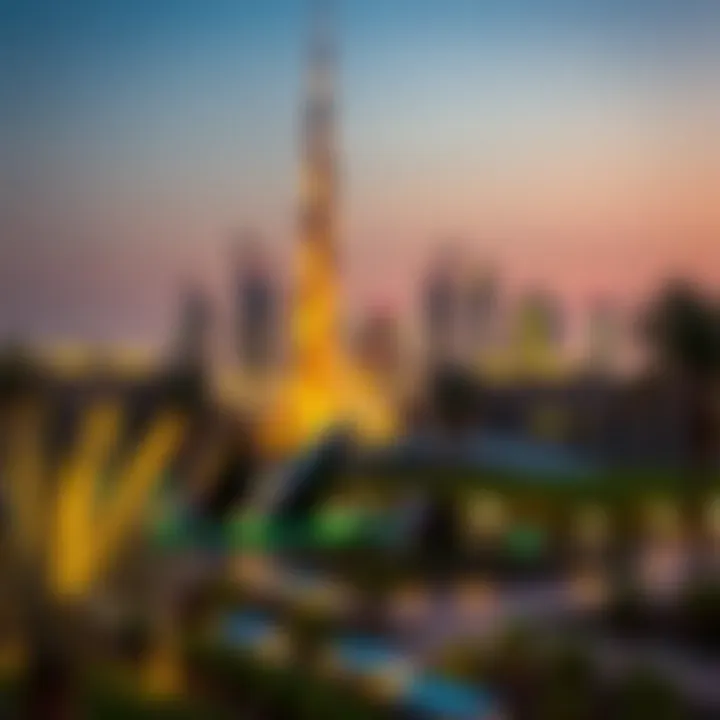 The Khalifa Complex at dusk with illuminated skyline