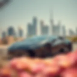 A stunning Lamborghini parked in front of a luxurious Dubai skyline