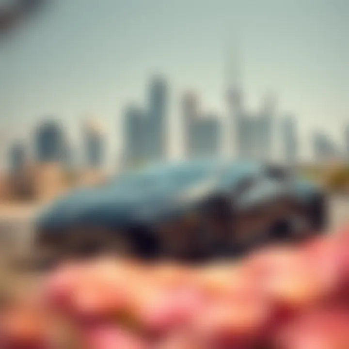 A stunning Lamborghini parked in front of a luxurious Dubai skyline