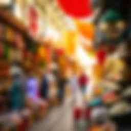 A bustling scene inside Nad Al Sheba Markets showcasing a variety of local goods