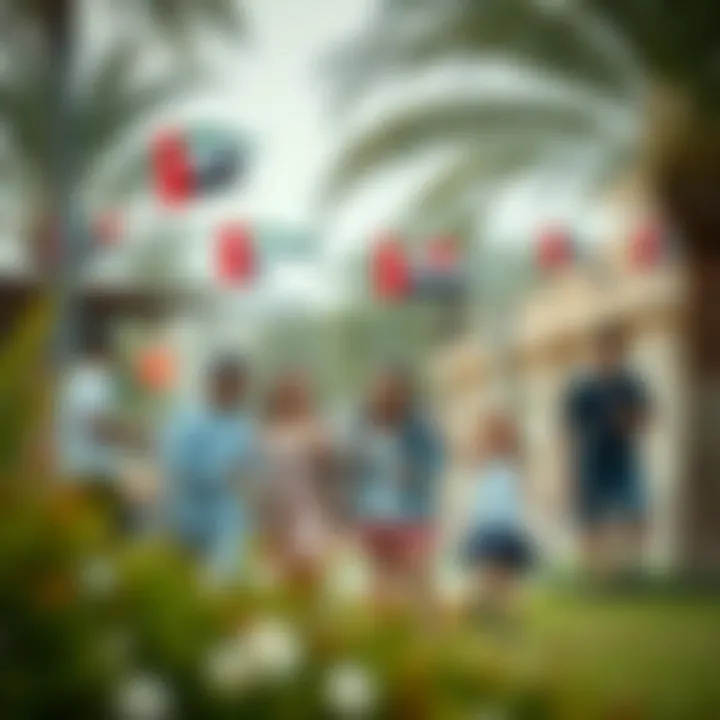 Families Celebrating National Day Families enjoying the National Day celebrations at a local park, with flags and festive activities.