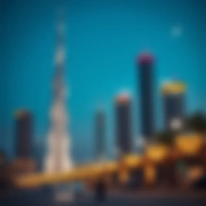 Dubai Landmarks Celebrated Iconic landmarks in Dubai adorned with lights and decorations for the National Day festivities.