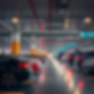 Interior shot of a modern parking facility highlighting technology and convenience features