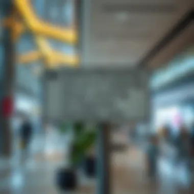 Signage directing visitors to fashion stores from the parking area