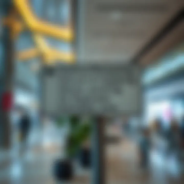 Signage directing visitors to fashion stores from the parking area