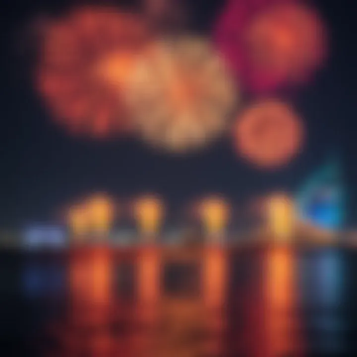A breathtaking view of fireworks reflecting on the water