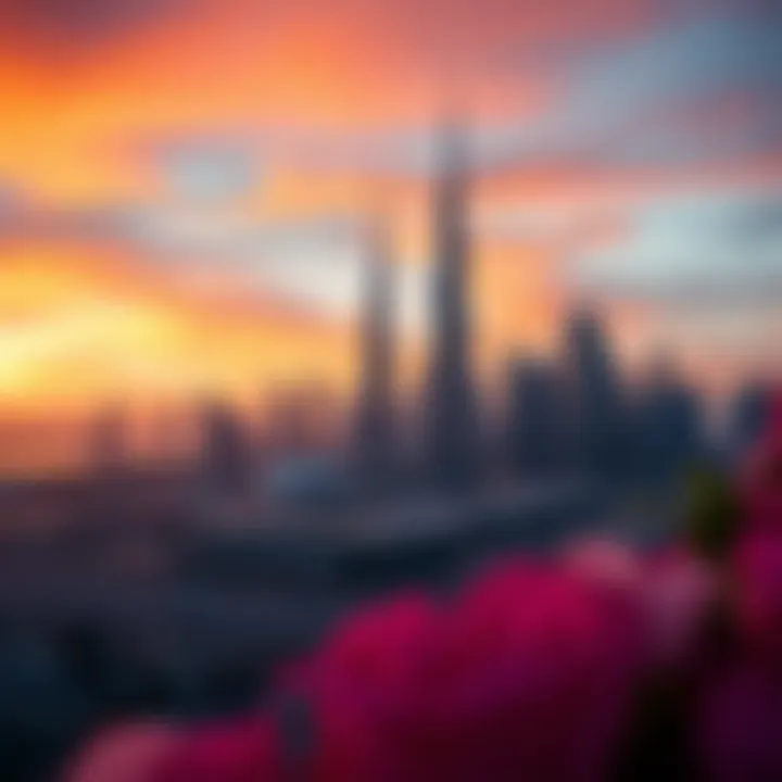 Stunning view of Dubai skyline at sunrise with vibrant colors