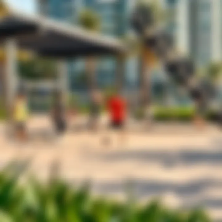 An outdoor fitness area with individuals engaging in various workouts.