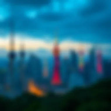 Cultural Significance in Urban Towers A vibrant cityscape showing diverse towers and their cultural significance