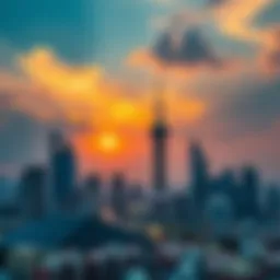 A majestic skyline featuring iconic towers against a sunset backdrop