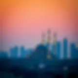 The iconic skyline of Dubai with a mosque silhouette