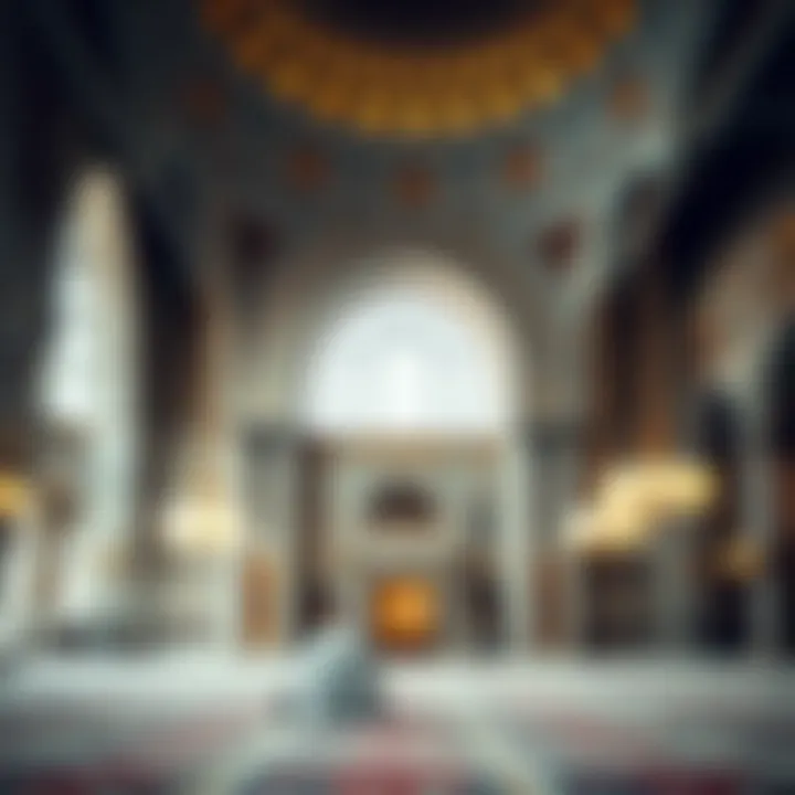 A beautifully designed mosque interior during prayer time