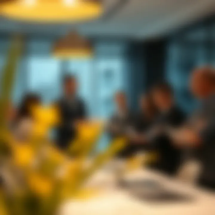 A professional discussing real estate strategies with a group in a modern office