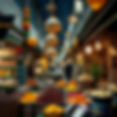 A vibrant marketplace filled with Ramadan decorations and foods