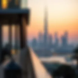 A serene view of a Dubai skyline at dawn, highlighting the transition from night to day during Ramadan.