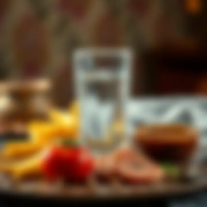 Nutritious Suhoor Essentials A close-up of a refreshing glass of water and nutritious food items that are typically consumed during suhoor.