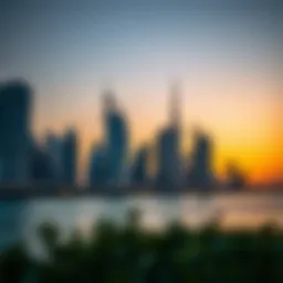 Stunning skyline view of West Bay Dubai at sunset